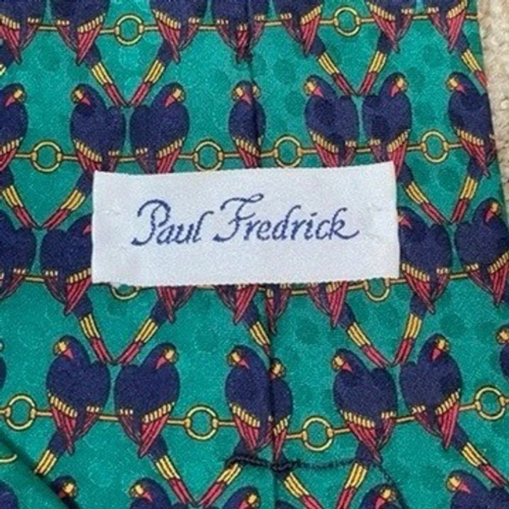 Paul Fredrick Silk Tie Mens Teal Green Parrot Bird‎ Italy Fabric Maximalist Bold